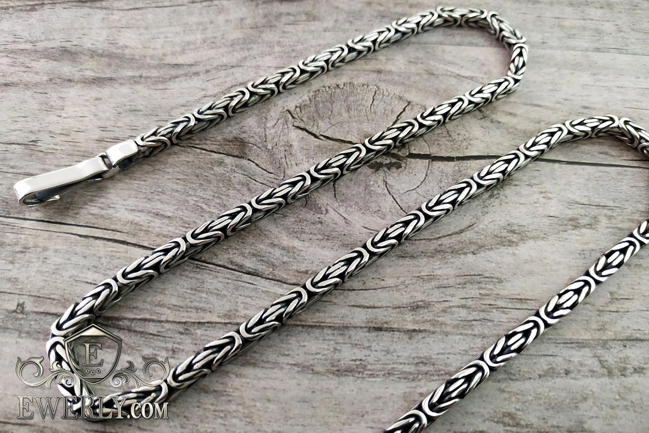 Серебряная цепь, плетение Византия с чернением, родий, ширина 3,5 мм